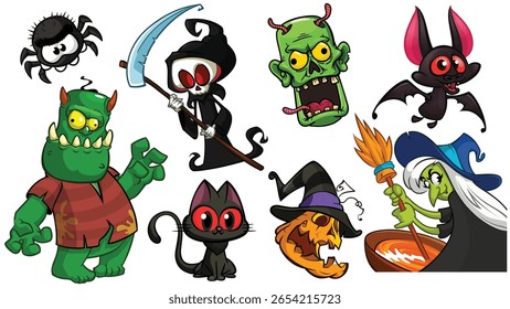 Cartoon set of Halloween characters design. Vector illustration of vampire zombie grim reaper witch monster and gost