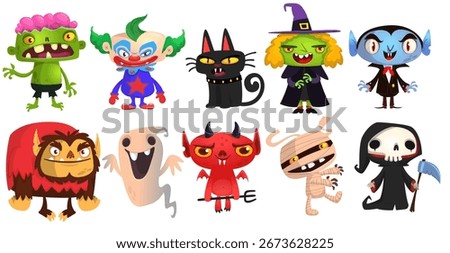 Cartoon set of Halloween characters design. Vector illustration. For party decoration or package design