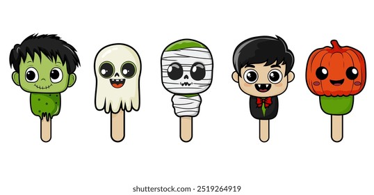 Conjunto de dibujos animados de personajes de Halloween. Vector de momia, vampiro, zombi, calabaza y fantasma para decoración o pegatina.