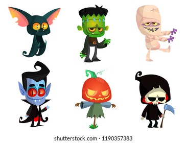 Cartoon  set of Halloween characters. Vector mummy, zombie, vampire,  bat, death grim reaper, pumpkin head. Great for party decoration or sticker