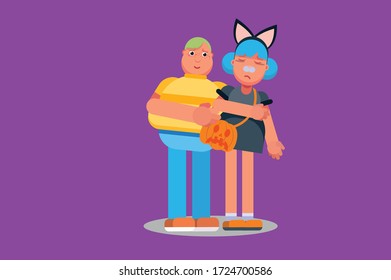 Cartoon set of Halloween characters. Vector cat costume. Great for party decoration or sticker