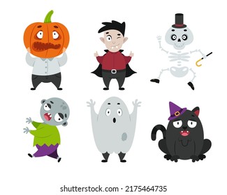 Juego de caricaturas de personajes de Halloween. Vector zombie, vampiro, cabeza de calabaza, lindo gato, fantasma y esqueleto. Ideal para la decoración de fiestas o la pegatina.