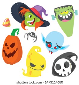 Cartoon set of Halloween characters. Witch, zombie, pumpkin head, vampire, ghost, grim reaper and spider