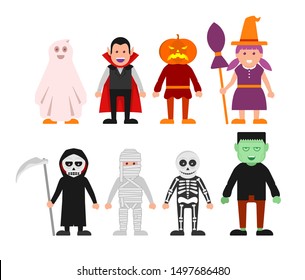Cartoon set of Halloween characters,Vector mummy, zombie, vampire, death grim reaper, pumpkin head, witch. Great for party decoration or sticker
