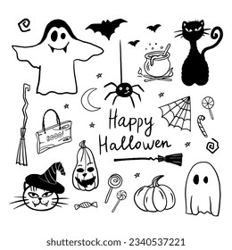 Cartoon set of halloween clipart. Funny, cute illustration for design, decoration kids playroom, textile or greeting card.  Hand drawn. Vector illustration EPS10  in doodle style.