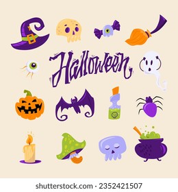 Cartoon Set Of Halloween Elements. Ghost, pumpkin, poison, skull, bat, candle, bat, spider, witch hat, flying eye, fungus, acid, candy. Hand drawing text.