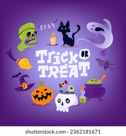 Cartoon Set Of Halloween Elements. Ghost, pumpkin, poison, skull, bat, candle, bat, spider, witch hat, flying eye, fungus, acid, candy. Hand drawn greeting text. Trick or treat.