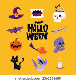 Cartoon Set Of Halloween Elements. Ghost, pumpkin, poison, skull, bat, candle, bat, spider, witch hat, flying eye, fungus, acid, candy. Hand drawing text.