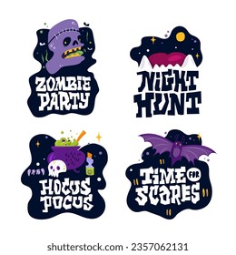 Cartoon Set Of Halloween Elements With Hand Draw Text. Zombie, bat, cauldron, potion, skull, sharp teeth fangs. Stickers mascot halloween. Zombie Party. Night Hunt. Hocus Pocus. Time for scares.