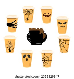 Cartoon set of halloween elements: potion, coffee, hand, cobweb, pumpkin, spider. Halloween Vector illustration.