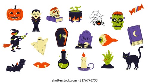 Cartoon set of halloween elements: a witch on a broomstick, bones, a pumpkin, a vampire, a ghost, a cauldron with a potion, a zombie. Halloween  Vector illustration.