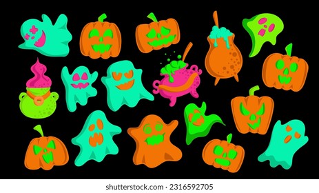 Cartoon set of Halloween ghosts and Pumpkin on dark background. Spooky neon spirit characters. Scary holiday decorations. Vector illustration