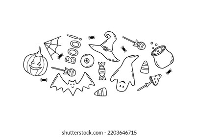 Cartoon set of Halloween icons, vector doodle illustration, holiday elements day of the dead