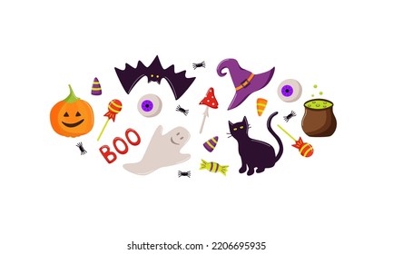 Cartoon set of Halloween icons, vector doodle illustration, holiday elements day of the dead