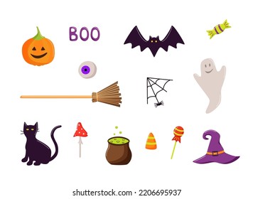 Cartoon set of Halloween icons, vector doodle illustration, holiday elements day of the dead