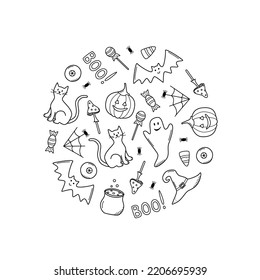 Cartoon set of Halloween icons, vector doodle illustration, holiday elements day of the dead