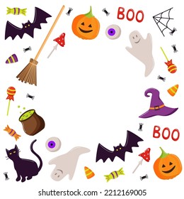 Cartoon set of Halloween icons, vector doodle illustration, holiday elements day of the dead.