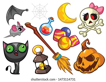 Cartoon set of Halloween symbols. Witch cat, pumpkin, grim reaper, broomstick and candies. Vector illustration