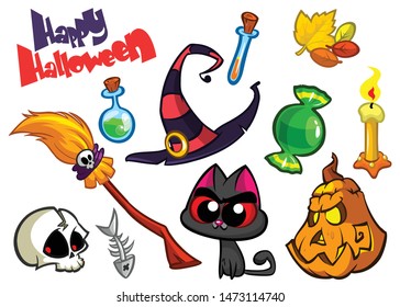 Cartoon set of Halloween symbols. Witch cat, pumpkin, skull grim reaper, witch hat, zombie, candle, bat