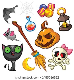 Cartoon set of Halloween symbols. Witch cat, pumpkin, grim reaper, broomstick and candies. Vector illustration
