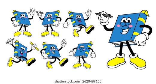 Cartoon Set of Happy Book Character in Retro Style