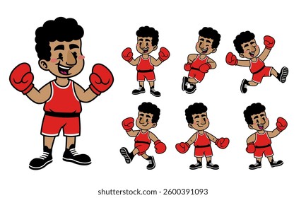 Cartoon Set of Happy Boxing Athlete Mascot