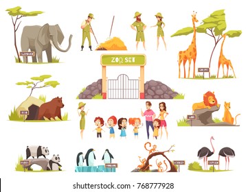 Cartoon set of happy children with their parents looking at various animals at zoo isolated on white background vector illustration