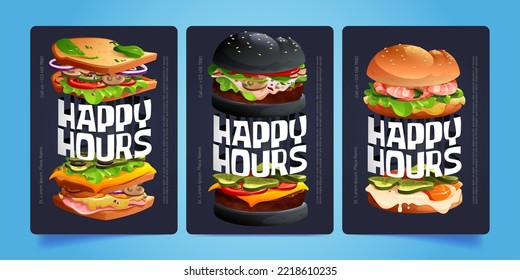 Cartoon set of happy hours promo flyer templates for fast food restaurant. Vector illustration of tasty sandwich and appetizing burgers on dark blue background. Marketing banner for sales improvement