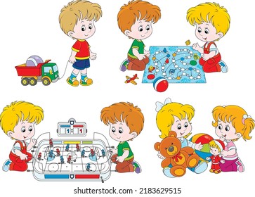 Cartoon Set Of Happy Little Kids Playing Table Hockey, Funny Boardgame And Toys In A Playroom