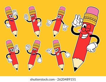 Cartoon Set of Happy Pencil Character in Retro Style