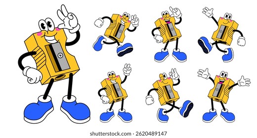 Conjunto de desenhos animados de feliz apontador de lápis em estilo retro