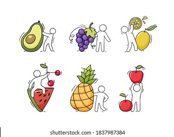 Cartoon set - happy people standing with fresh fruits. Doodle cute illustration about the healthy food. Isolated vector about vegetarian natural nutrition.