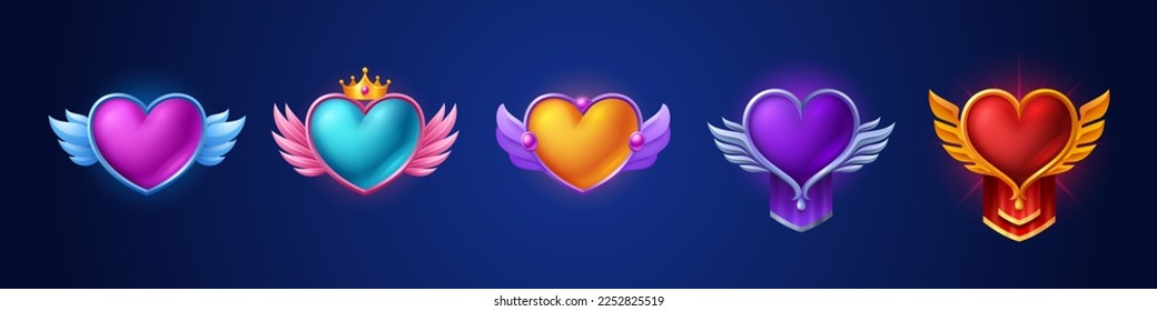 Cartoon set of heart rank badges isolated on dark blue background. Vector illustration of colorful game level rewards or fantasy avatar frames decorated with gemstones, royal crown and angel wings