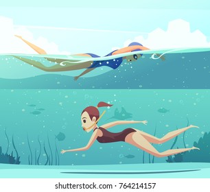 Cartoon set of horizontal banners with two women doing water sports and swimming underwater isolated vector illustration