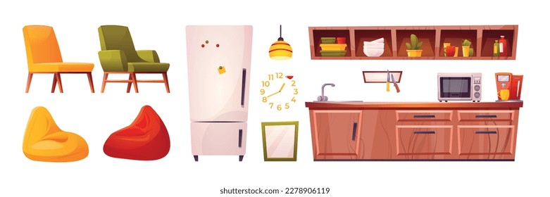 Cartoon set of hostel kitchen furniture isolated on white background. Vector illustration of cooking surface, wooden shelves with cups and bowls, bag chairs, microwave stove, fridge, clock and frame