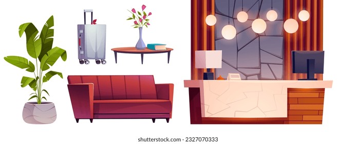 Cartoon set of hotel lobby design elements isolated on white background. Vector illustration of reception desk with computer monitor and lamps, couch, table with vase, flowerpot and travel suitcase