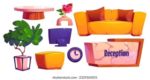 Cartoon set of hotel reception furniture isolated on white background. Vector illustration of yellow couch, computer monitor, wooden table, tree pot, flower in vase, wall clock. Lobby design elements