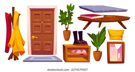 Cartoon set of house hallway interior elements isolated on white background. Vector illustration of wooden entrance door, footwear shelf, flower pots, mirror in frame, book on table, clothes on hanger