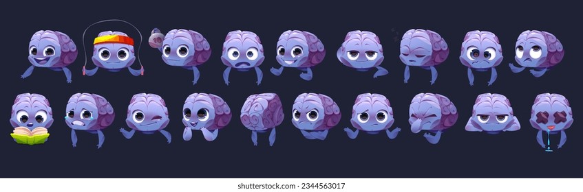 Cartoon set of human brain character with different emotions. Vector illustration of cute mind or memory emoji exercising, reading book, smiling, crying, surprized, angry, crazy, smart and stupid