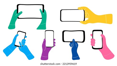 Juego de caricaturas de manos humanas sosteniendo un teléfono móvil con pantalla en blanco, aislado en fondo blanco. Ilustración del vector