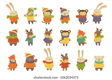 Cartoon set of humanized animals dressed in warm clothes. Funny bunnies, bears, foxes, deers and monkeys. Children s flat vector design for book or educational card