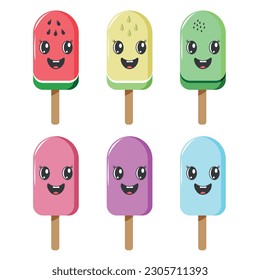 Cartoon set of ice cream on a stick.