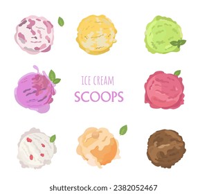 Cartoon set of ice cream scoops. Vector ice cream cone with vanilla, chocolate, mint and strawberry.