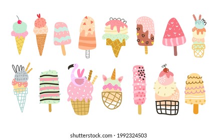 cartoon set of ice cream. Summer colorful vector illustration, flat style. design for cards, print, posters, logo, cover