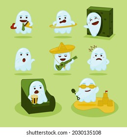 Cartoon set icon with funny halloween ghost in bright blue green yellow colors who plays the guitar watches movies do sport  walks through walls builds castles on the beach