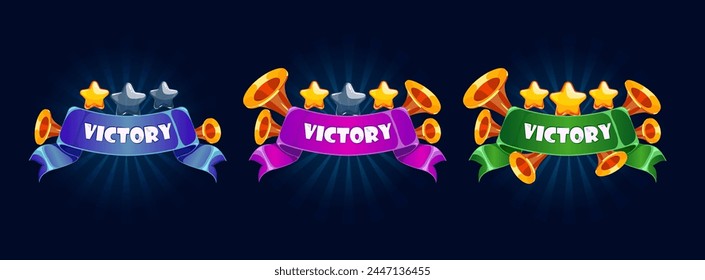 cartoon; set; illustration; gold; design; vector; template; graphic; victory; reward; ribbon; purple; blue; green; sound; pipes; gray