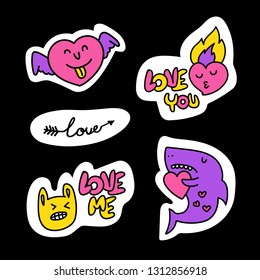 Cartoon set illustration with hearts, funny animals and lettering about love. perfect for stickers and patches. Doodle vector set. Hand draw.