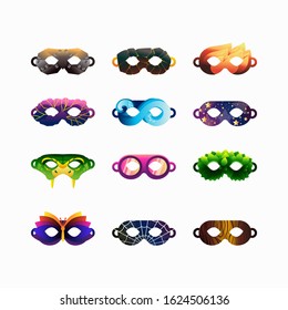Cartoon set illustration with masks super heroes wizards. Masks are suitable for a children's party, performance, holiday.  Bright gradients vector illustration.