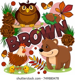 A cartoon set of illustrations for children of brown color with the image of an owl, nuts, cones, a chicken with chickens and a bear on a brown background.