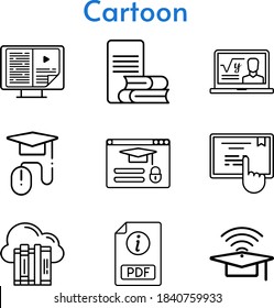 cartoon set. included cloud, professor, ebook, pdf, cap, online-learning, elearning, touchscreen, login icons. linear styles.